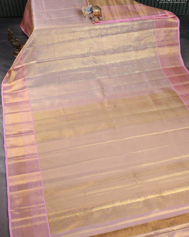 Pure kanchipuram silk saree gold and light pink with allover zari woven brocade weaves and zari woven border