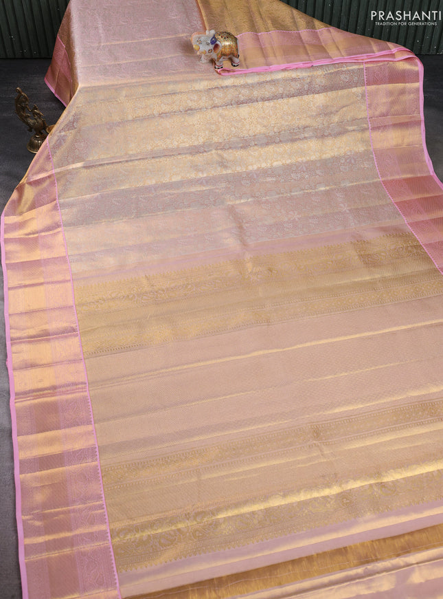 Pure kanchipuram silk saree gold and light pink with allover zari woven brocade weaves and zari woven border