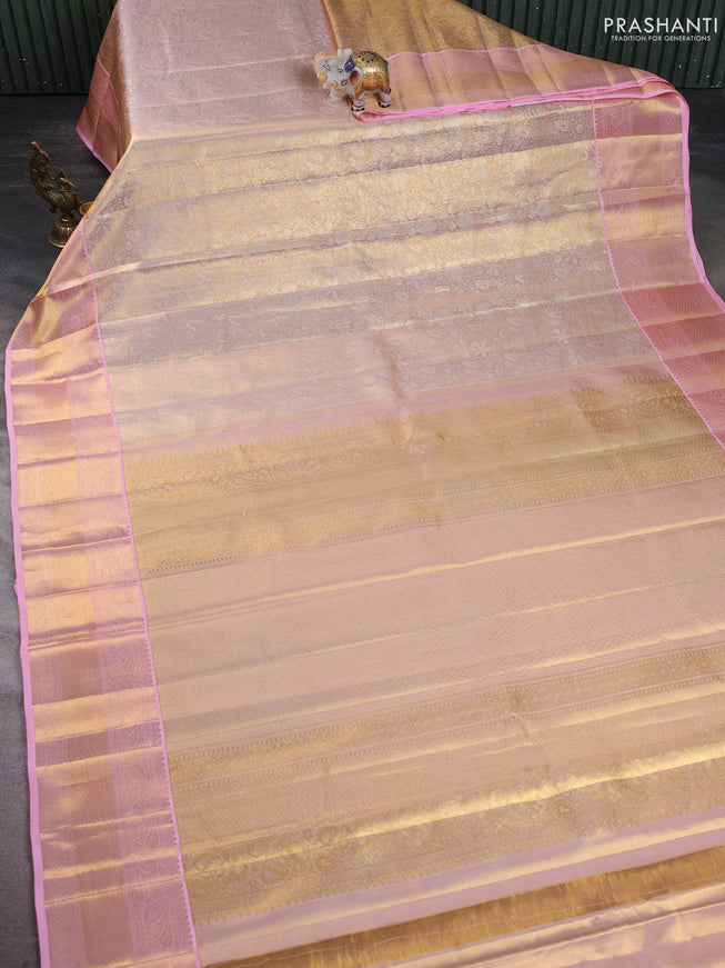 Pure kanchipuram silk saree gold and light pink with allover zari woven brocade weaves and zari woven border