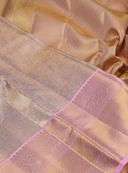 Pure kanchipuram silk saree gold and light pink with allover zari woven brocade weaves and zari woven border