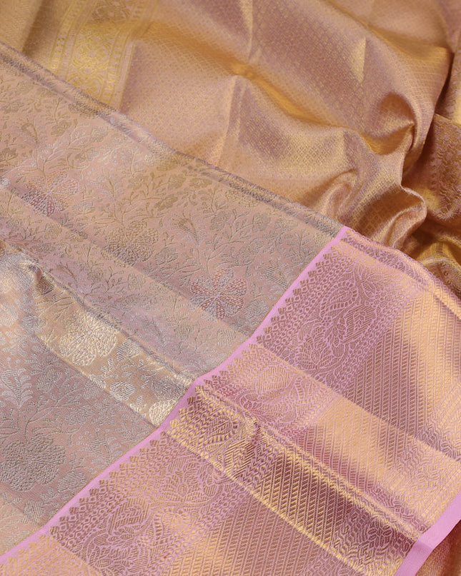 Pure kanchipuram silk saree gold and light pink with allover zari woven brocade weaves and zari woven border