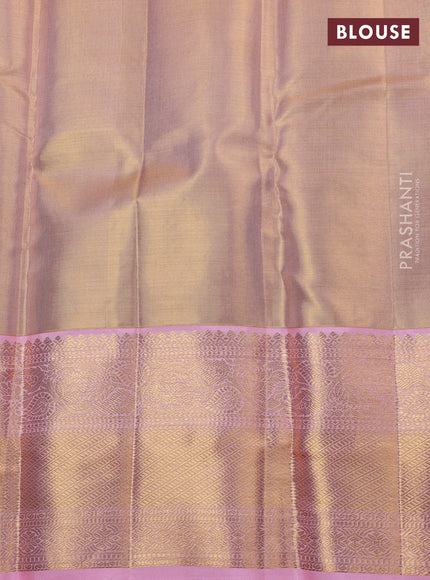 Pure kanchipuram silk saree gold and light pink with allover zari woven brocade weaves and zari woven border