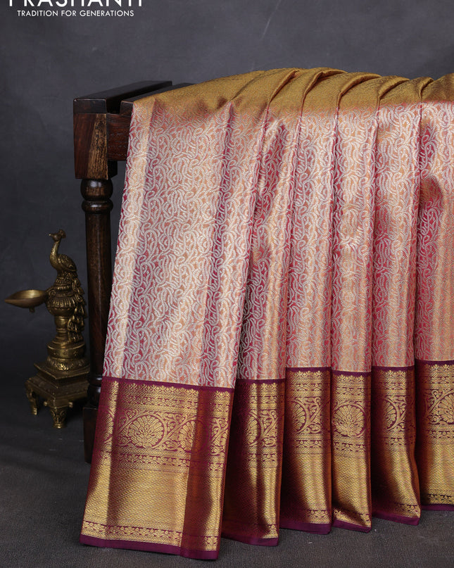 Pure kanchipuram silk saree dual shade of gold and purple with allover zari woven brocade weaves and zari woven border