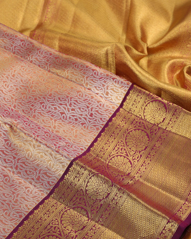 Pure kanchipuram silk saree dual shade of gold and purple with allover zari woven brocade weaves and zari woven border