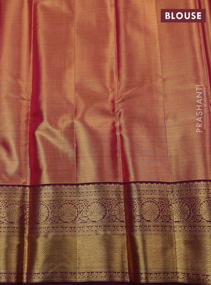 Pure kanchipuram silk saree dual shade of gold and purple with allover zari woven brocade weaves and zari woven border