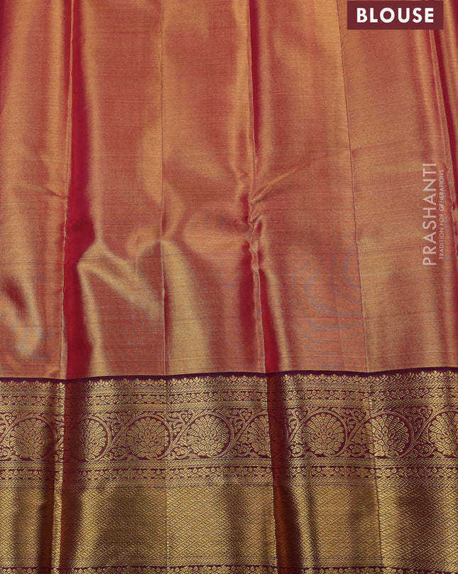 Pure kanchipuram silk saree dual shade of gold and purple with allover zari woven brocade weaves and zari woven border