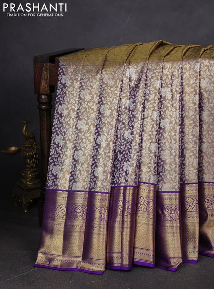 Pure kanchipuram silk saree dual shade of violet with allover zari woven brocade weaves and zari woven border
