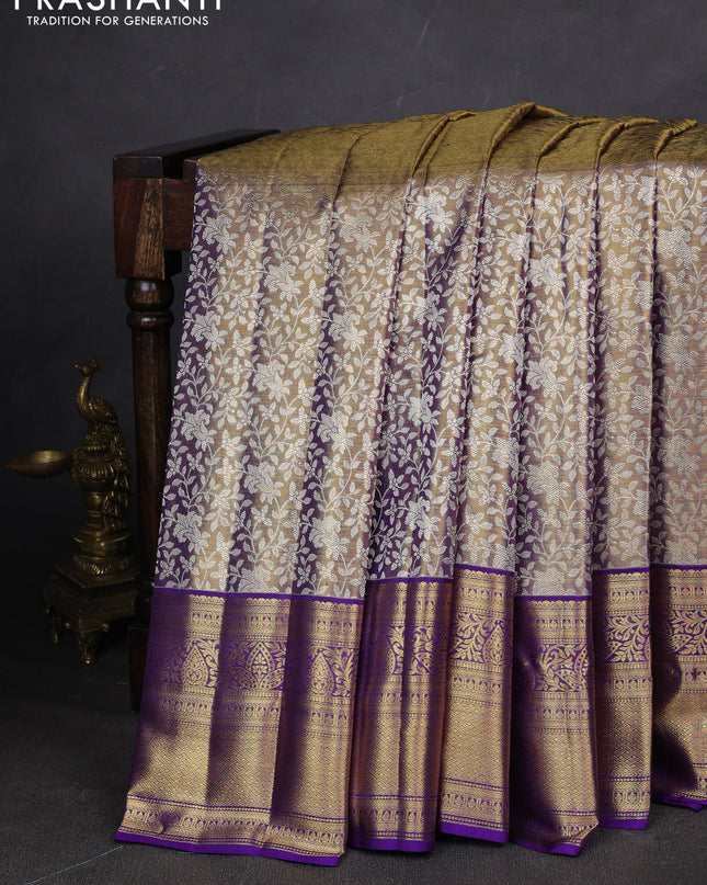 Pure kanchipuram silk saree dual shade of violet with allover zari woven brocade weaves and zari woven border