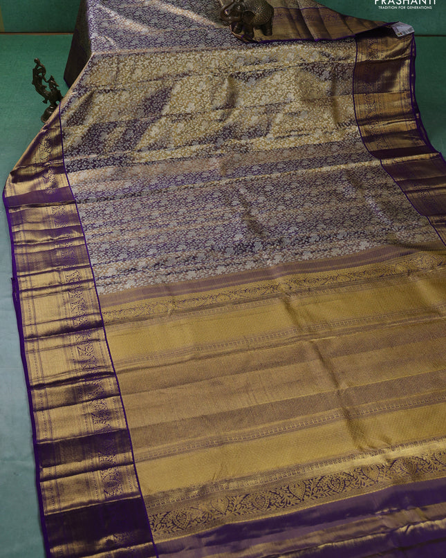Pure kanchipuram silk saree dual shade of violet with allover zari woven brocade weaves and zari woven border