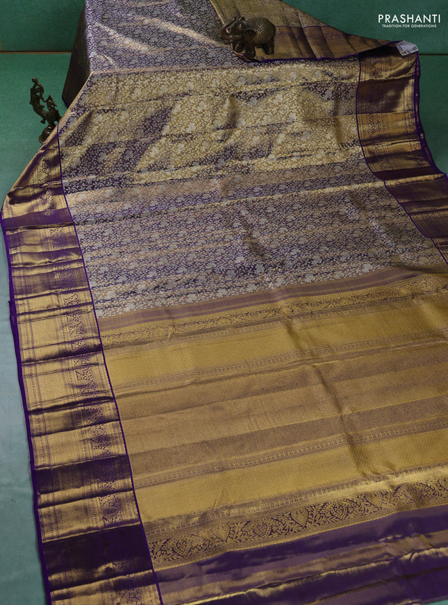 Pure kanchipuram silk saree dual shade of violet with allover zari woven brocade weaves and zari woven border