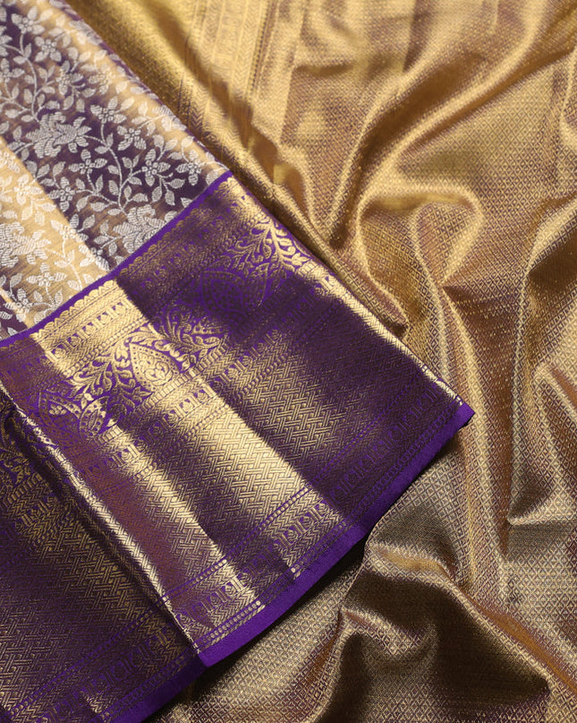 Pure kanchipuram silk saree dual shade of violet with allover zari woven brocade weaves and zari woven border