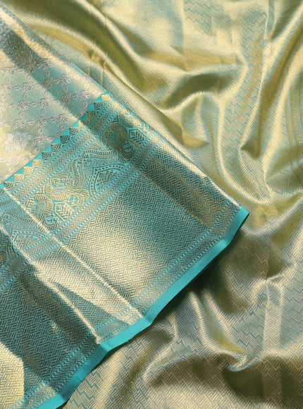 Pure kanchipuram silk saree teal blue with allover zari woven brocade weaves and zari woven border