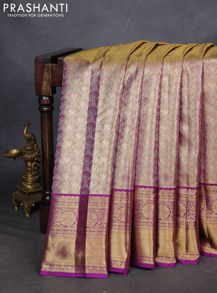 Pure kanchipuram silk saree gold and purple with allover zari woven brocade weaves and zari woven border