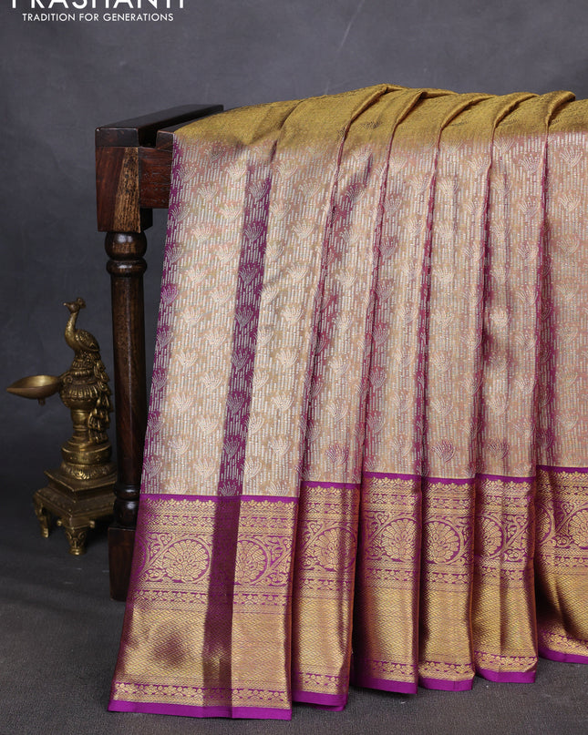 Pure kanchipuram silk saree gold and purple with allover zari woven brocade weaves and zari woven border
