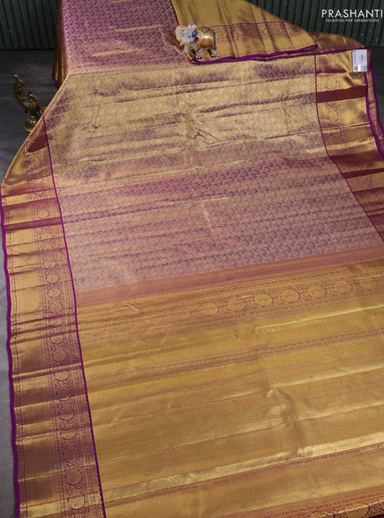 Pure kanchipuram silk saree gold and purple with allover zari woven brocade weaves and zari woven border