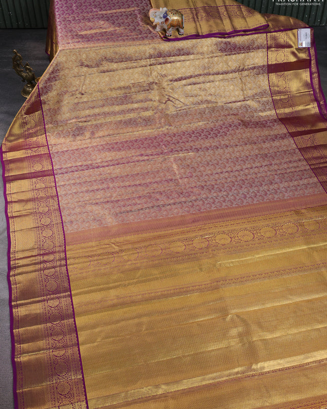 Pure kanchipuram silk saree gold and purple with allover zari woven brocade weaves and zari woven border
