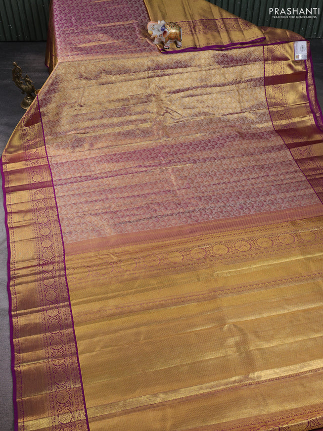 Pure kanchipuram silk saree gold and purple with allover zari woven brocade weaves and zari woven border