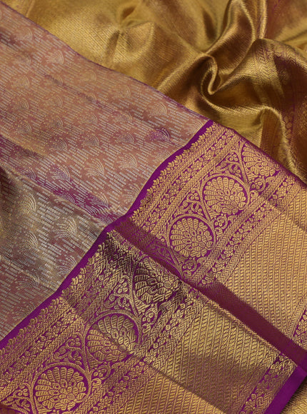 Pure kanchipuram silk saree gold and purple with allover zari woven brocade weaves and zari woven border
