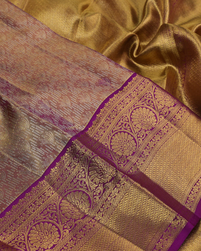 Pure kanchipuram silk saree gold and purple with allover zari woven brocade weaves and zari woven border