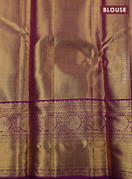 Pure kanchipuram silk saree gold and purple with allover zari woven brocade weaves and zari woven border