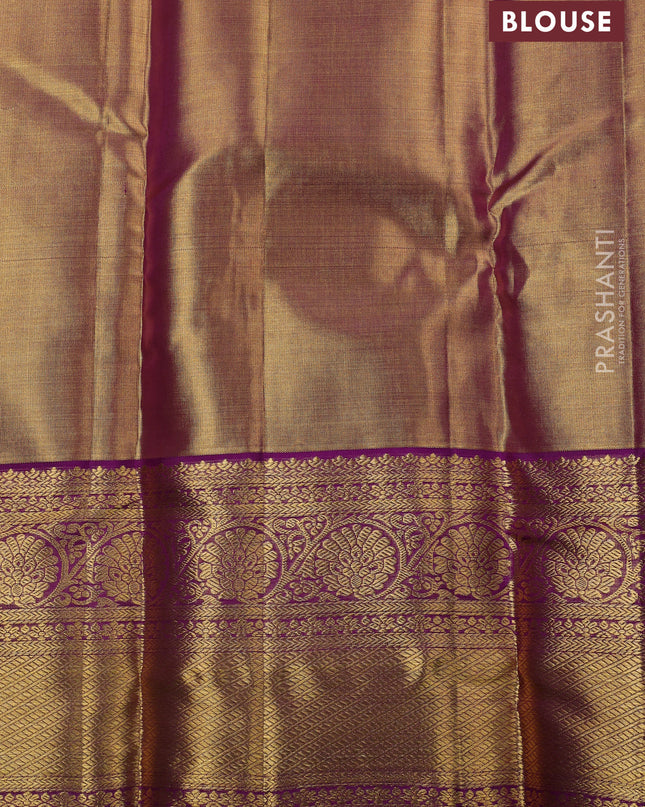 Pure kanchipuram silk saree gold and purple with allover zari woven brocade weaves and zari woven border