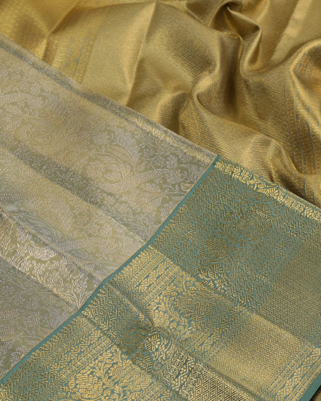 Pure kanchipuram silk saree green shade with allover zari woven brocade weaves and zari woven border