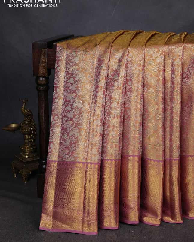 Pure kanchipuram silk saree gold and lavender with allover zari woven brocade weaves and zari woven border