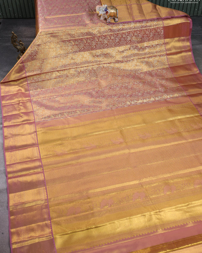 Pure kanchipuram silk saree gold and lavender with allover zari woven brocade weaves and zari woven border