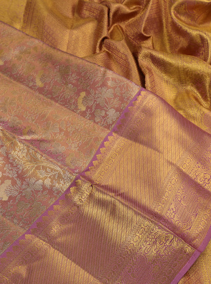 Pure kanchipuram silk saree gold and lavender with allover zari woven brocade weaves and zari woven border
