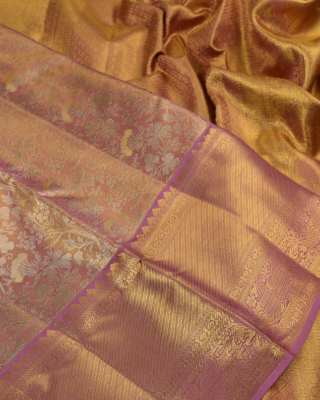 Pure kanchipuram silk saree gold and lavender with allover zari woven brocade weaves and zari woven border