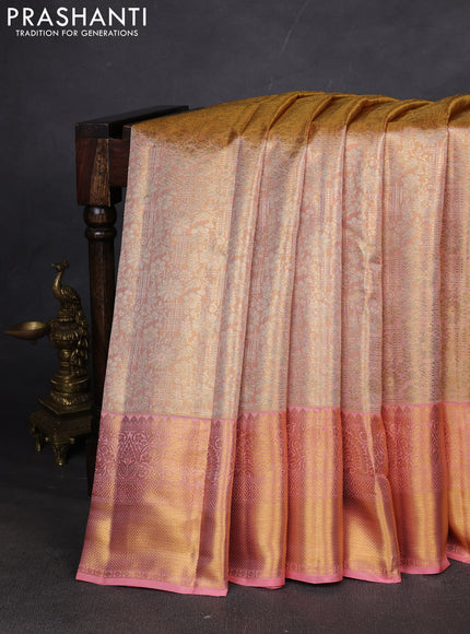 Pure kanchipuram silk saree mild peach with allover zari woven brocade weaves and zari woven border