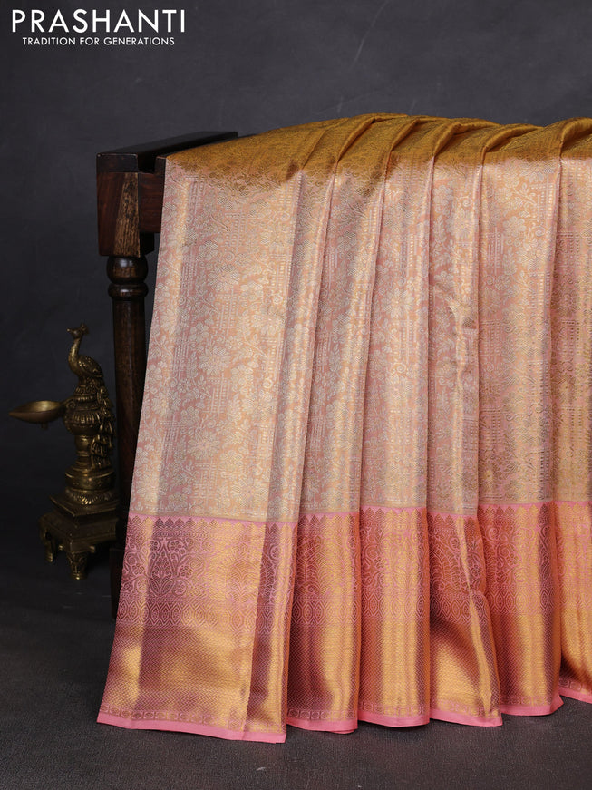 Pure kanchipuram silk saree mild peach with allover zari woven brocade weaves and zari woven border