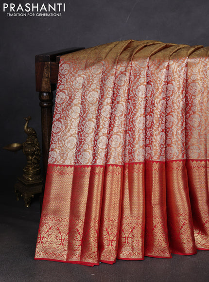 Pure kanchipuram silk saree red shade with allover zari woven brocade weaves and zari woven border