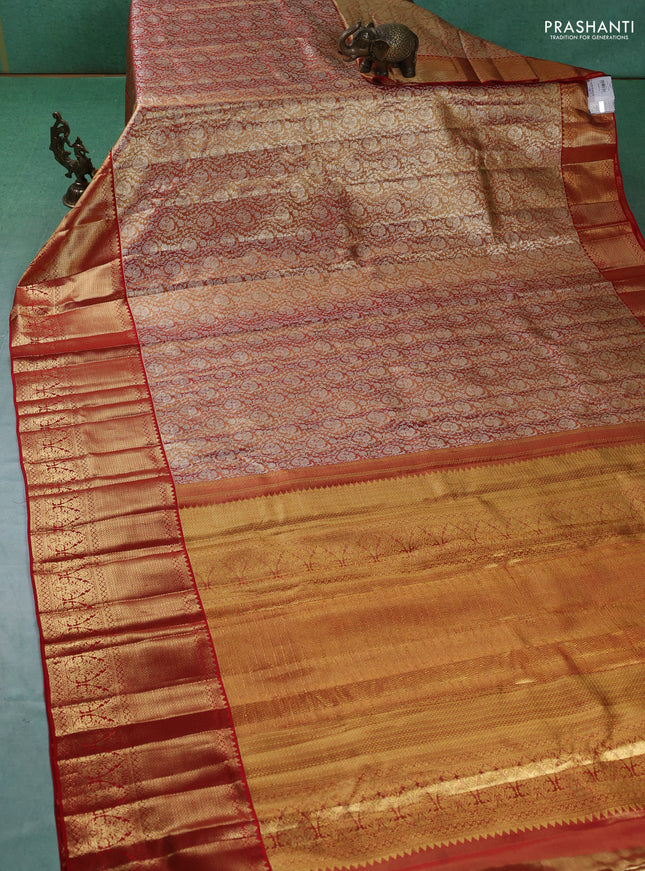 Pure kanchipuram silk saree red shade with allover zari woven brocade weaves and zari woven border