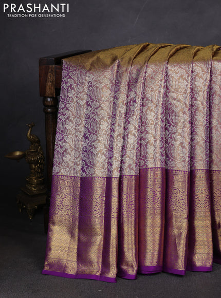 Pure kanchipuram silk saree dual shade of violet with allover zari woven brocade weaves and zari woven border