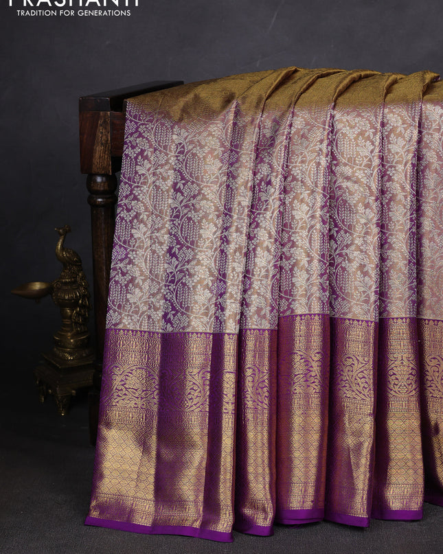Pure kanchipuram silk saree dual shade of violet with allover zari woven brocade weaves and zari woven border