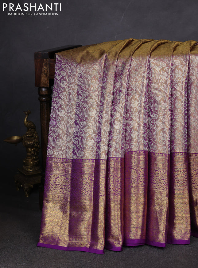 Pure kanchipuram silk saree dual shade of violet with allover zari woven brocade weaves and zari woven border