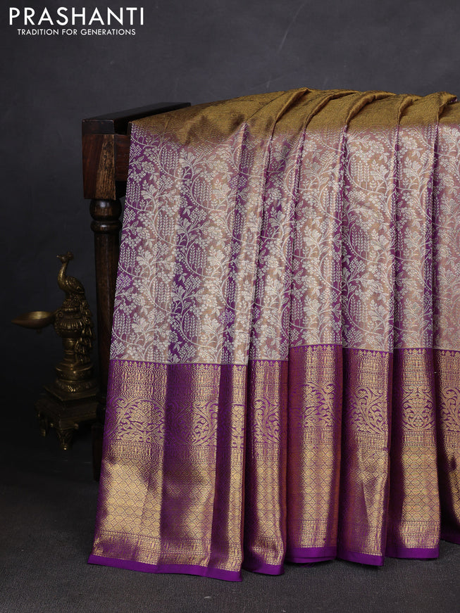 Pure kanchipuram silk saree dual shade of violet with allover zari woven brocade weaves and zari woven border