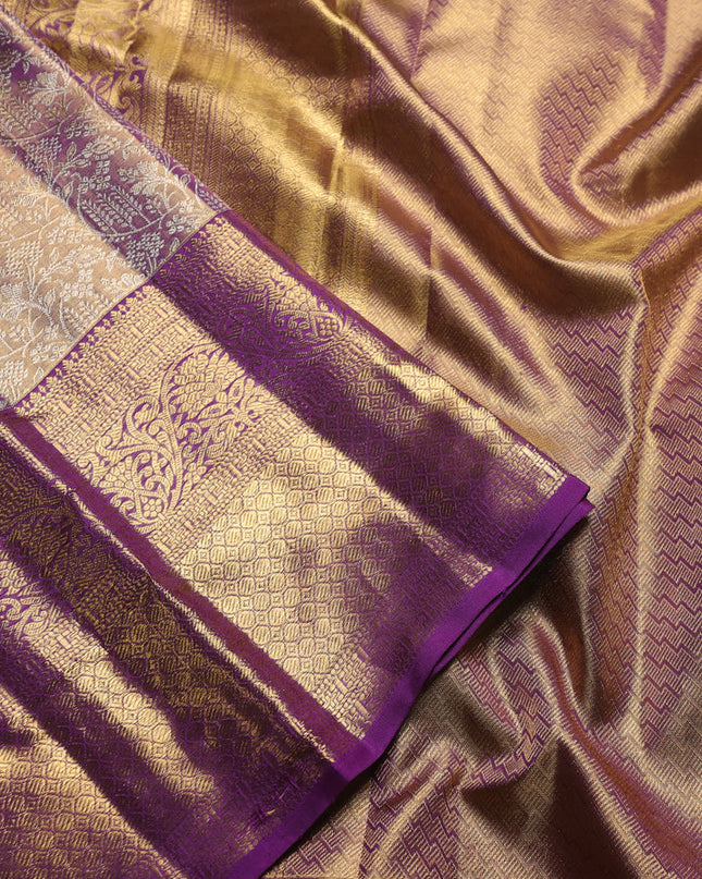 Pure kanchipuram silk saree dual shade of violet with allover zari woven brocade weaves and zari woven border