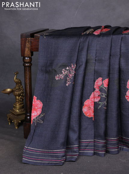 Pure tussar silk saree Elephant grey with pichwai prints & pita work and simple border