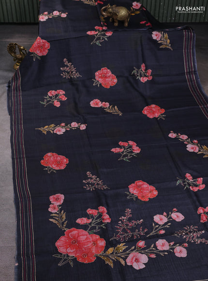 Pure tussar silk saree Elephant grey with pichwai prints & pita work and simple border
