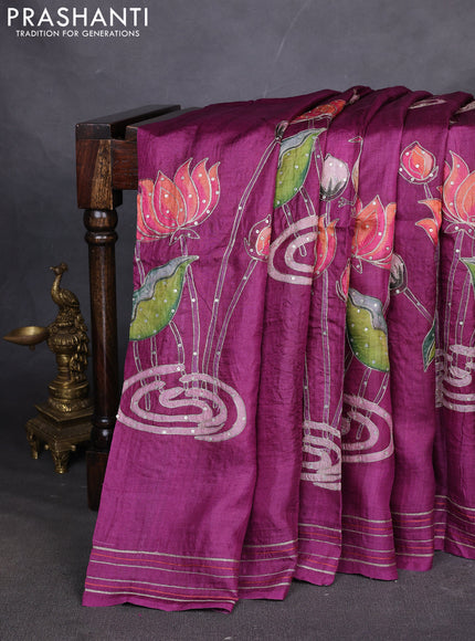 Pure tussar silk saree Purple with pichwai prints & pita work and simple border