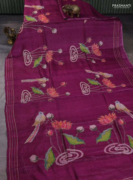 Pure tussar silk saree Purple with pichwai prints & pita work and simple border