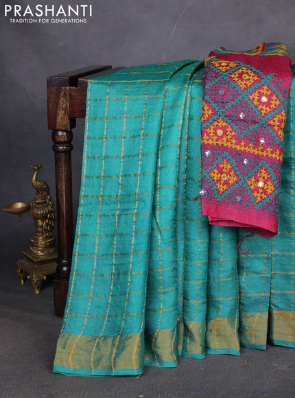 Pure tussar silk saree teal green with allover zari checks and kutch embroided blouse piece
