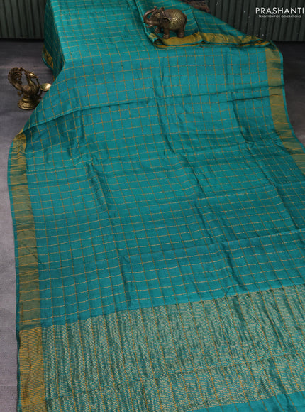Pure tussar silk saree teal green with allover zari checks and kutch embroided blouse piece