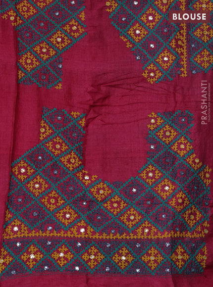 Pure tussar silk saree teal green with allover zari checks and kutch embroided blouse piece