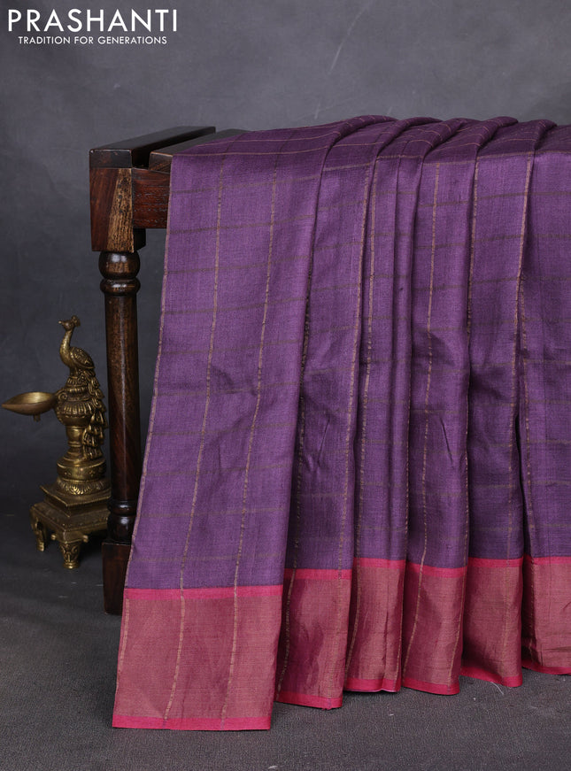 Pure tussar silk saree violet and maroon with allover zari checked pattern and zari woven border