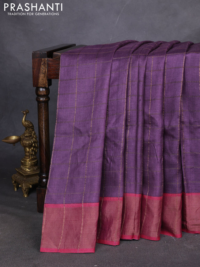 Pure tussar silk saree violet and maroon with allover zari checked pattern and zari woven border