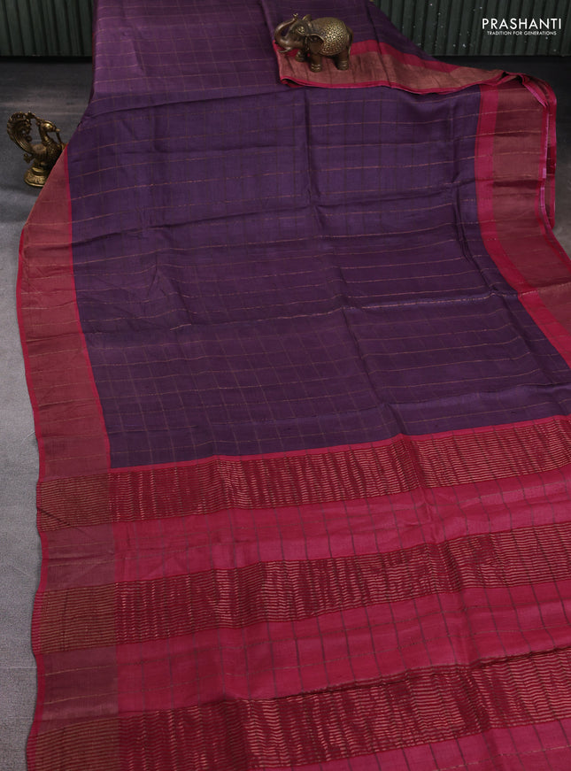Pure tussar silk saree violet and maroon with allover zari checked pattern and zari woven border