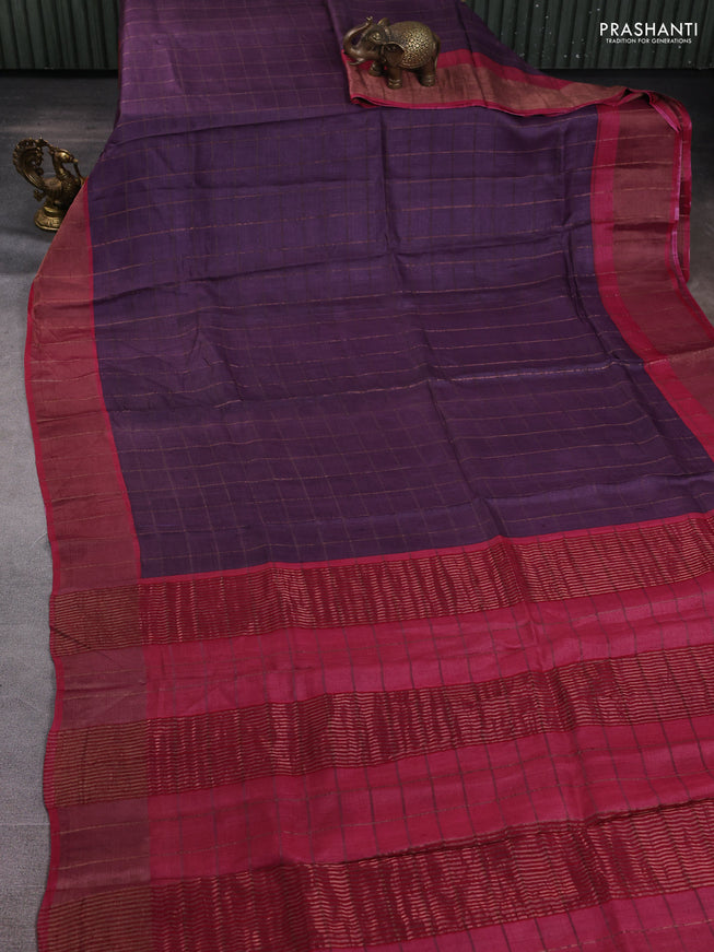 Pure tussar silk saree violet and maroon with allover zari checked pattern and zari woven border